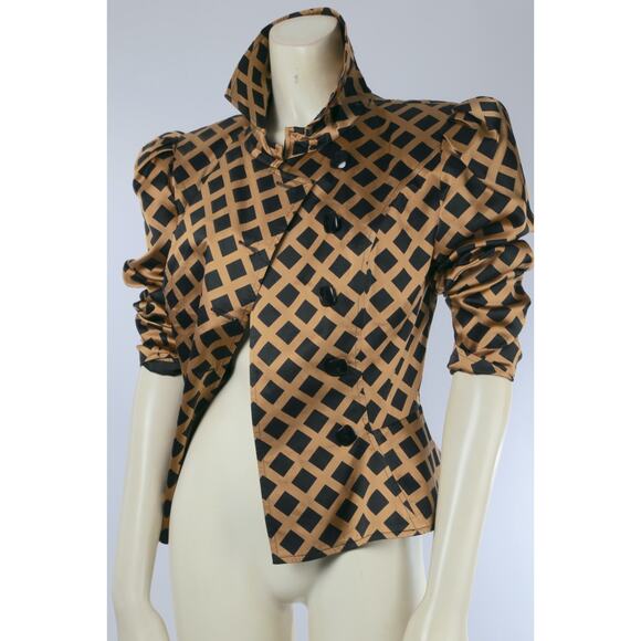 Richard Warren Pure Silk Vintage Peplum Blazer Beige Black Diamond Grid Size 4 - Picture 6 of 15